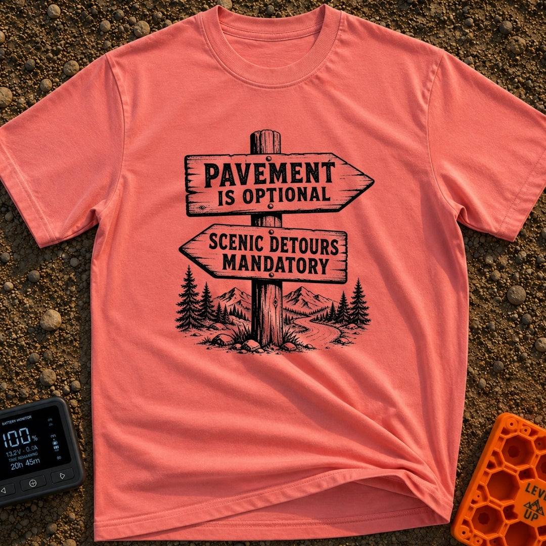 No Pavement Required - T-Shirt in Watermelon - A black and white illustration of a wooden signpost with two directional...
