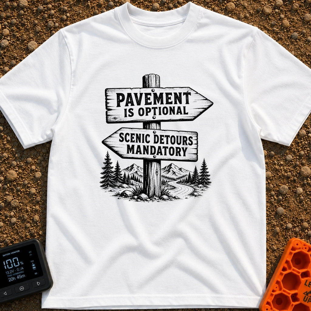 No Pavement Required - T-Shirt in White - A black and white illustration of a wooden signpost with two directional arrows...