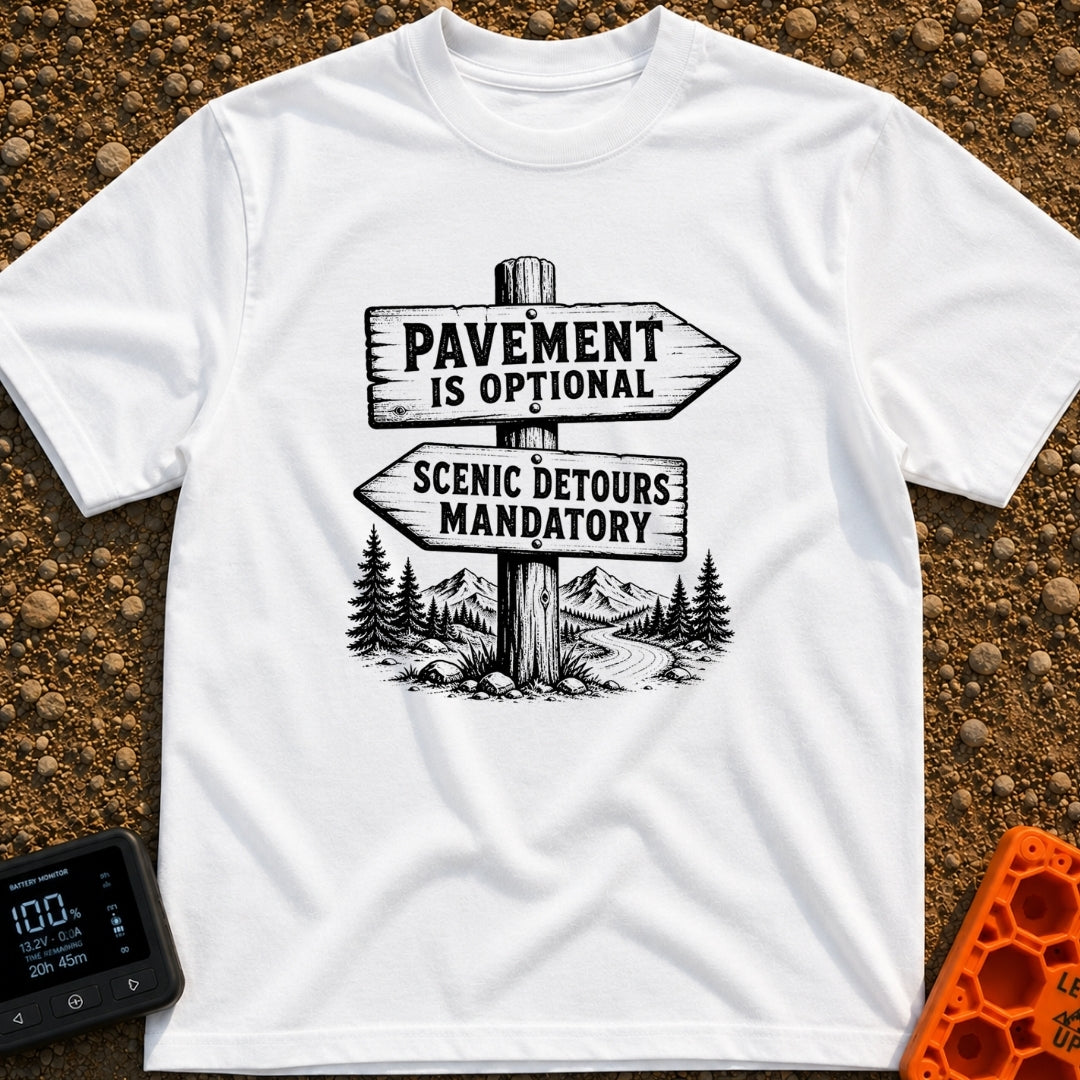 No Pavement Required - T-Shirt in White - A black and white illustration of a wooden signpost with two directional arrows...
