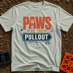 Paws At The Pullout - T-Shirt in Bay - A typographic design reading "PAWS AT THE PULLOUT" with a paw print in the letter...