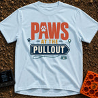 Paws At The Pullout - T-Shirt in Chambray - A typographic design reading "PAWS AT THE PULLOUT" with a paw print in the...