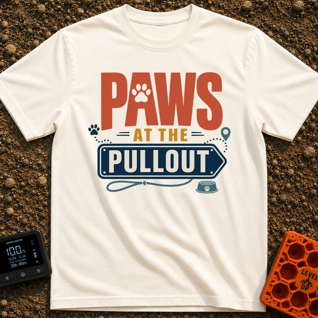 Paws At The Pullout - T-Shirt in Ivory - A typographic design reading "PAWS AT THE PULLOUT" with a paw print in the...