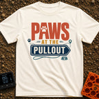 Paws At The Pullout - T-Shirt in Ivory - A typographic design reading "PAWS AT THE PULLOUT" with a paw print in the...