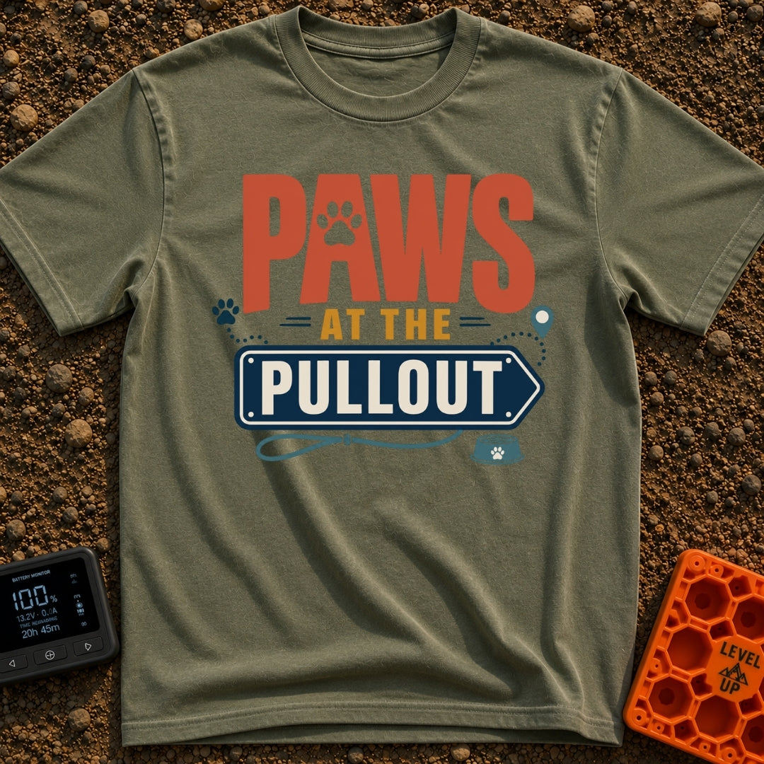 Paws At The Pullout - T-Shirt in Moss - A typographic design reading "PAWS AT THE PULLOUT" with a paw print in the letter...