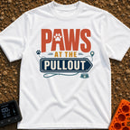 Paws At The Pullout - T-Shirt in White - A typographic design reading "PAWS AT THE PULLOUT" with a paw print in the...