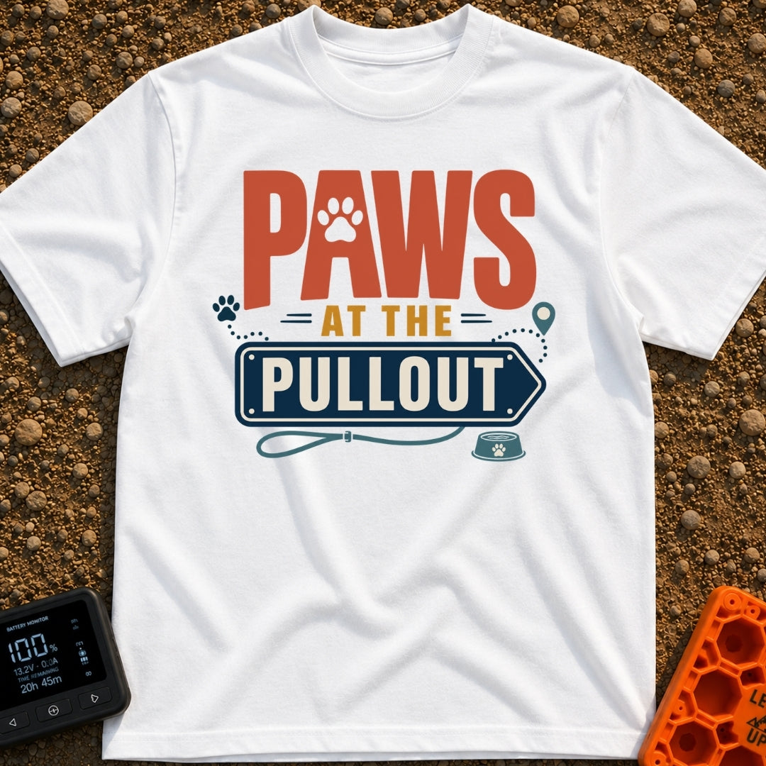 Paws At The Pullout - T-Shirt in White - A typographic design reading "PAWS AT THE PULLOUT" with a paw print in the...