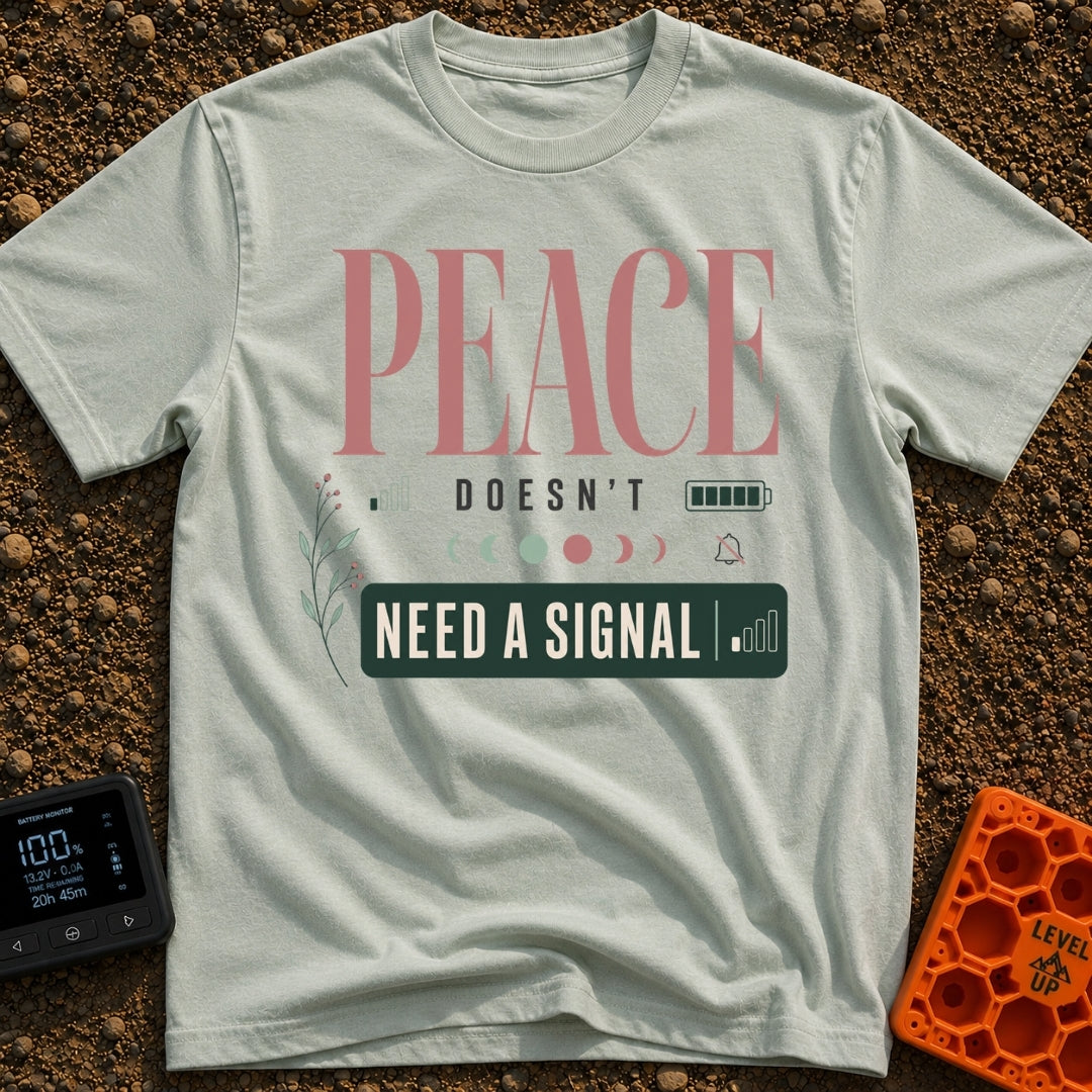 Peace Needs No Signal - T-Shirt in Bay - A typographic design reading "PEACE DOESN'T NEED A SIGNAL" accompanied by icons...