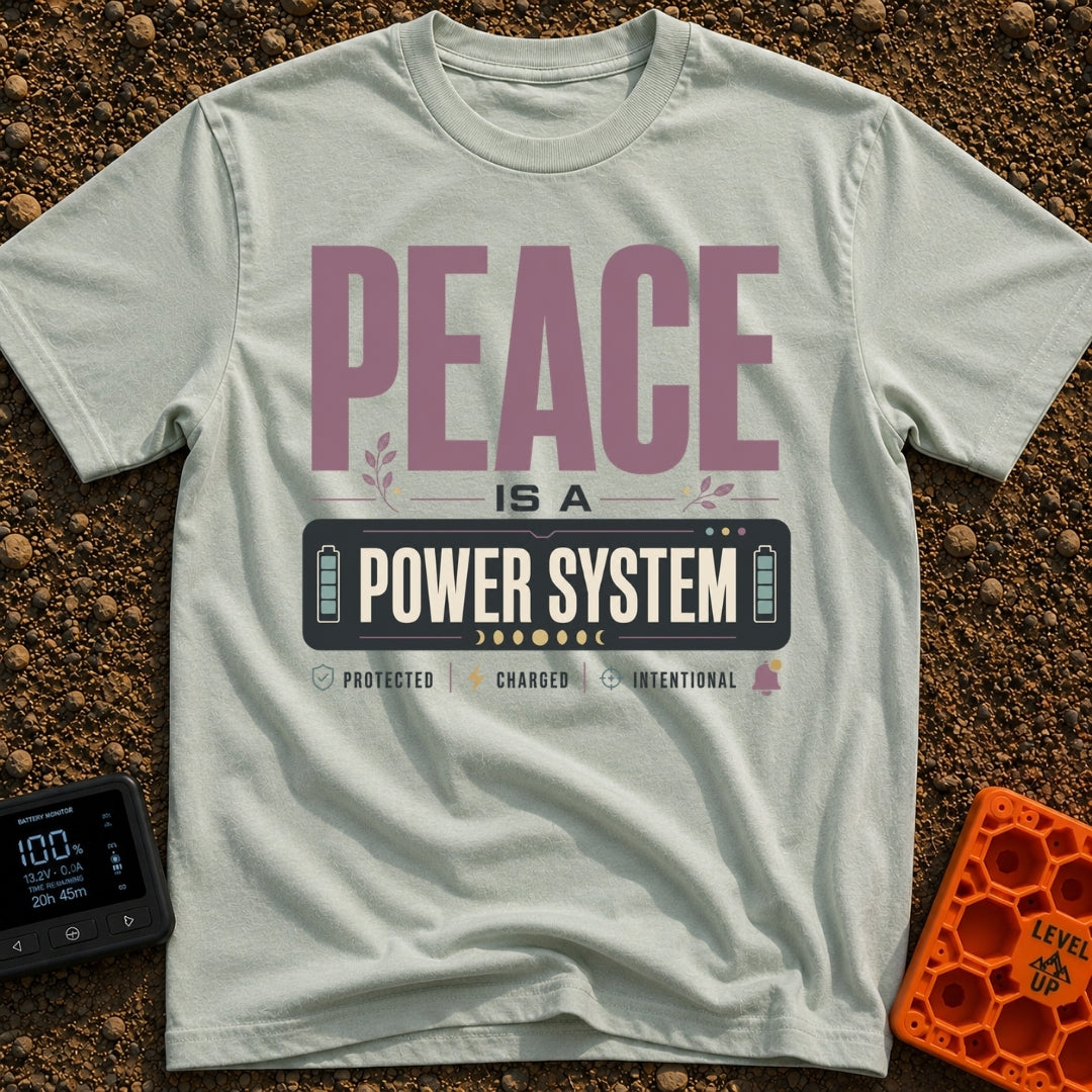 Peace Power System - T-Shirt in Bay - A typographic design featuring the large text "PEACE IS A POWER SYSTEM", where...