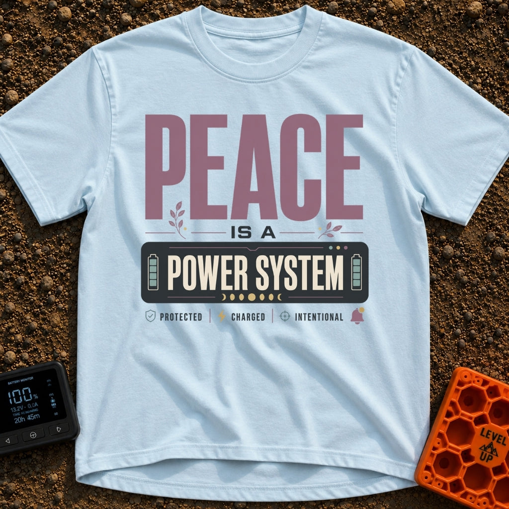 Peace Power System - T-Shirt in Chambray - A typographic design featuring the large text "PEACE IS A POWER SYSTEM", where...