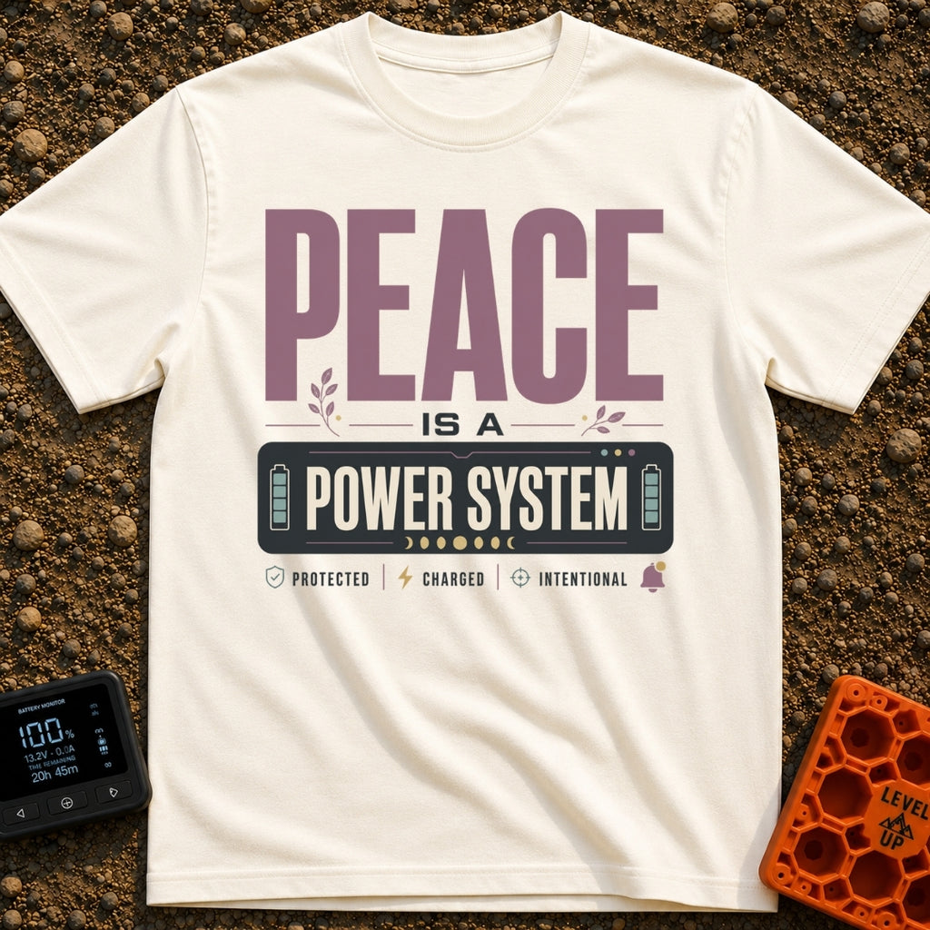 Peace Power System - T-Shirt in Ivory - A typographic design featuring the large text "PEACE IS A POWER SYSTEM", where...