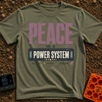 Peace Power System - T-Shirt in Moss - A typographic design featuring the large text "PEACE IS A POWER SYSTEM", where...