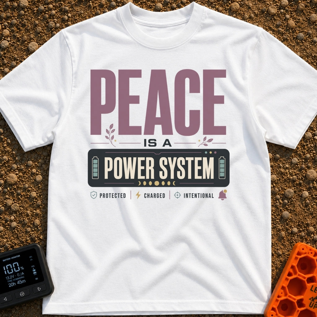 Peace Power System - T-Shirt in White - A typographic design featuring the large text "PEACE IS A POWER SYSTEM", where...