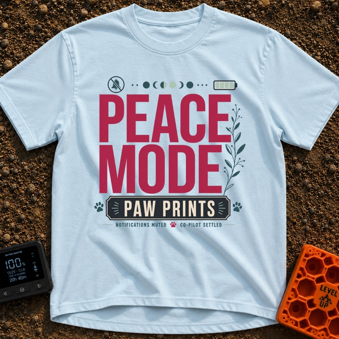 Paws And Quiet - T-Shirt in Chambray - A typographic design featuring the words "PEACE MODE" in large red letters above a...