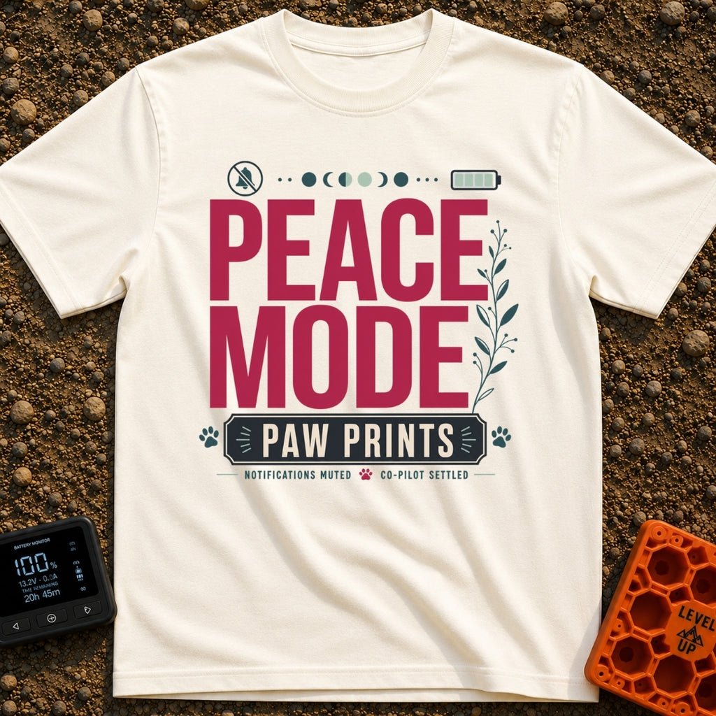 Paws And Quiet - T-Shirt in Ivory - A typographic design featuring the words "PEACE MODE" in large red letters above a...