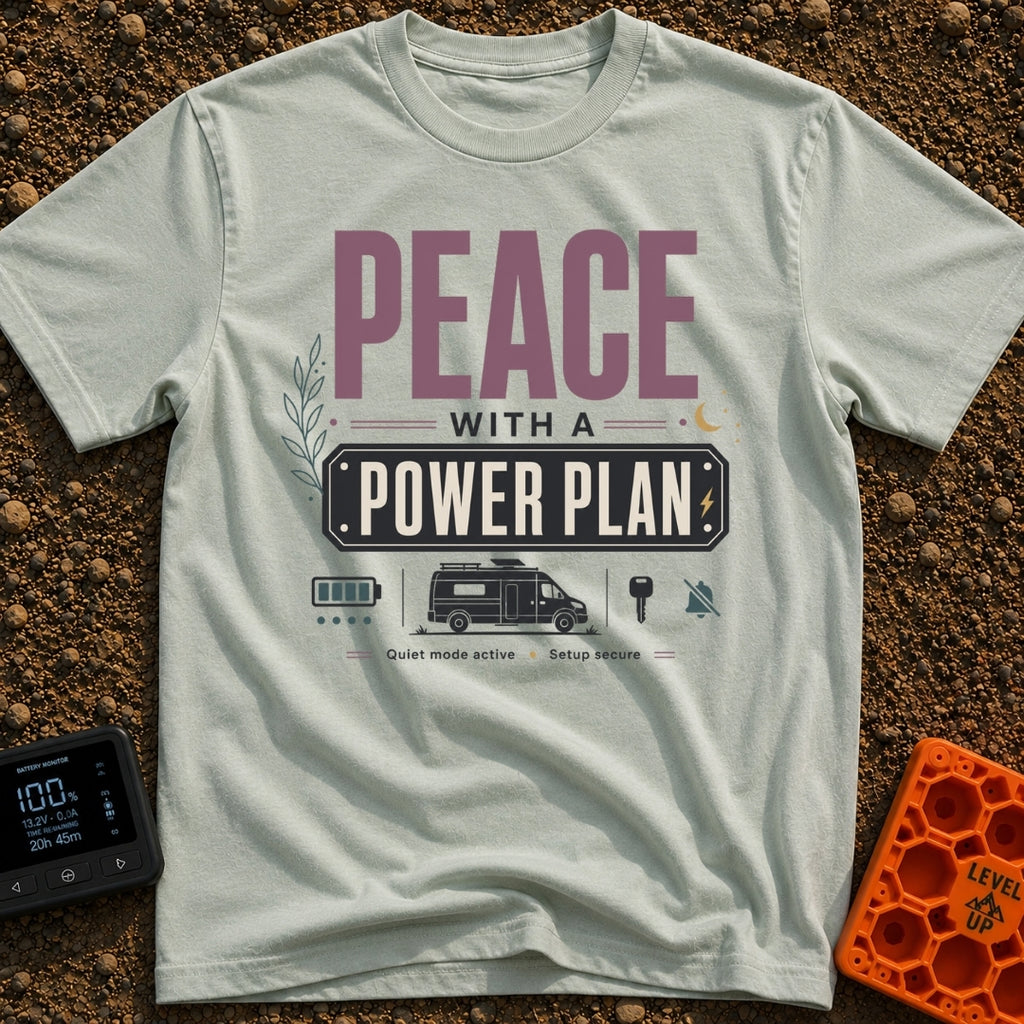 Peace With Power - T-Shirt in Bay - A typographic design featuring the text "PEACE WITH A POWER PLAN" and "Quiet mode...