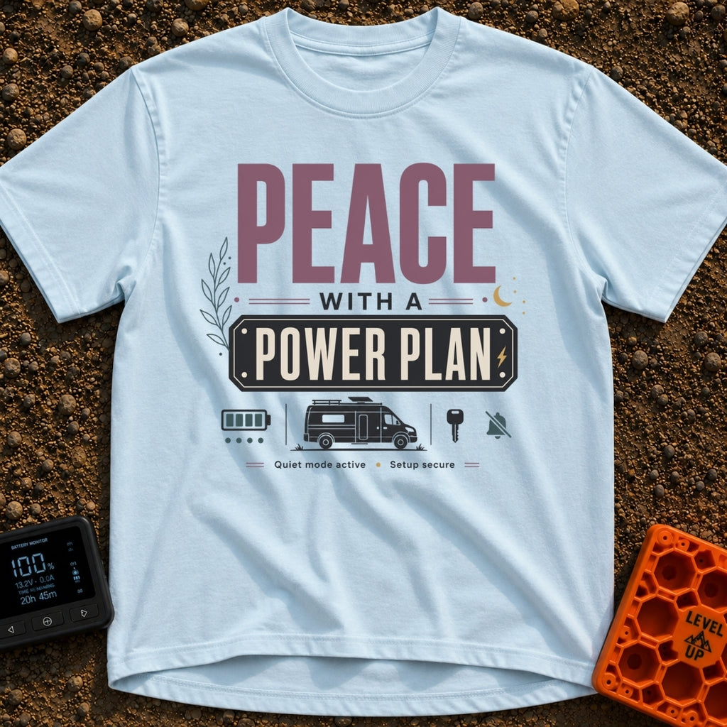 Peace With Power - T-Shirt in Chambray - A typographic design featuring the text "PEACE WITH A POWER PLAN" and "Quiet...