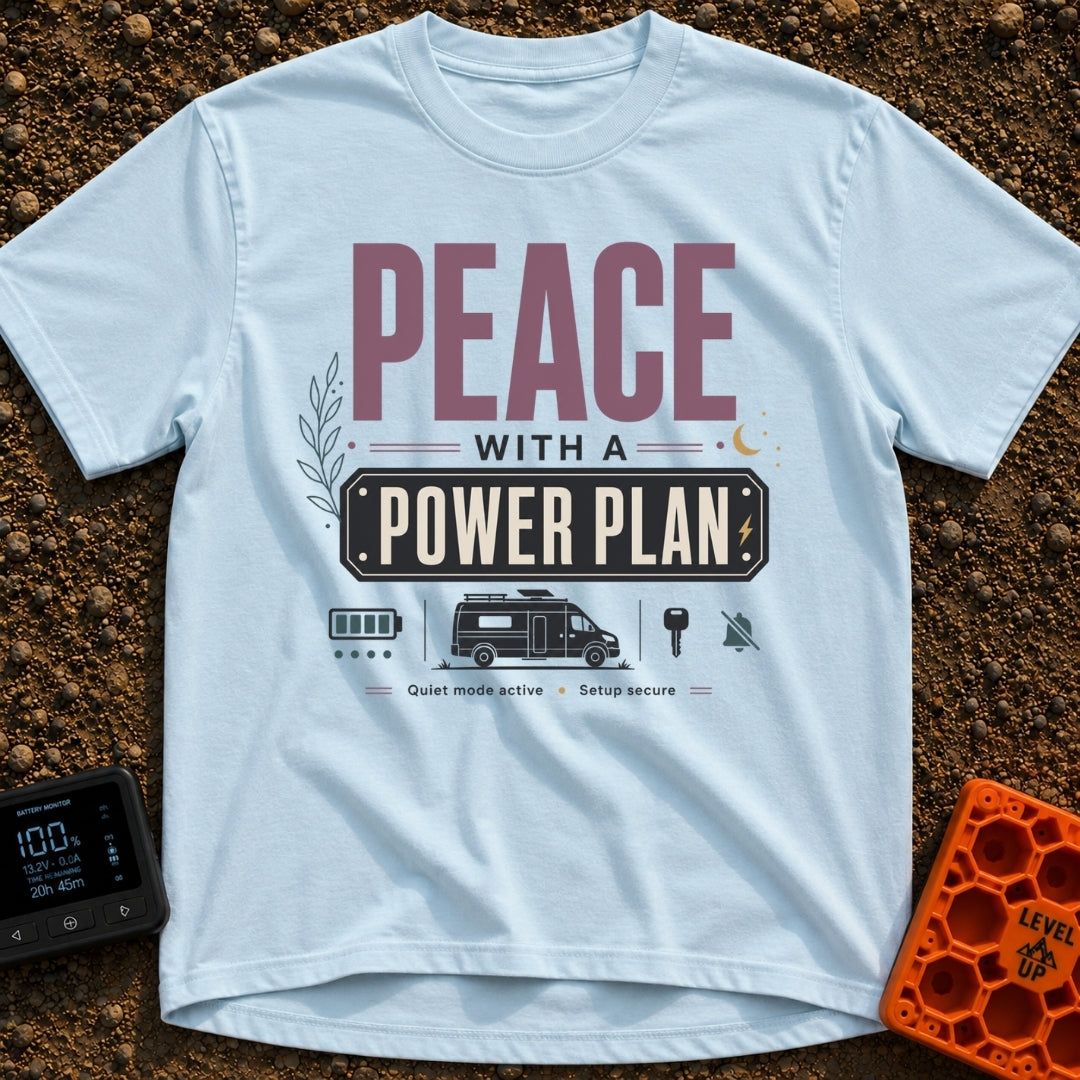 Peace With Power - T-Shirt in Chambray - A typographic design featuring the text "PEACE WITH A POWER PLAN" and "Quiet...