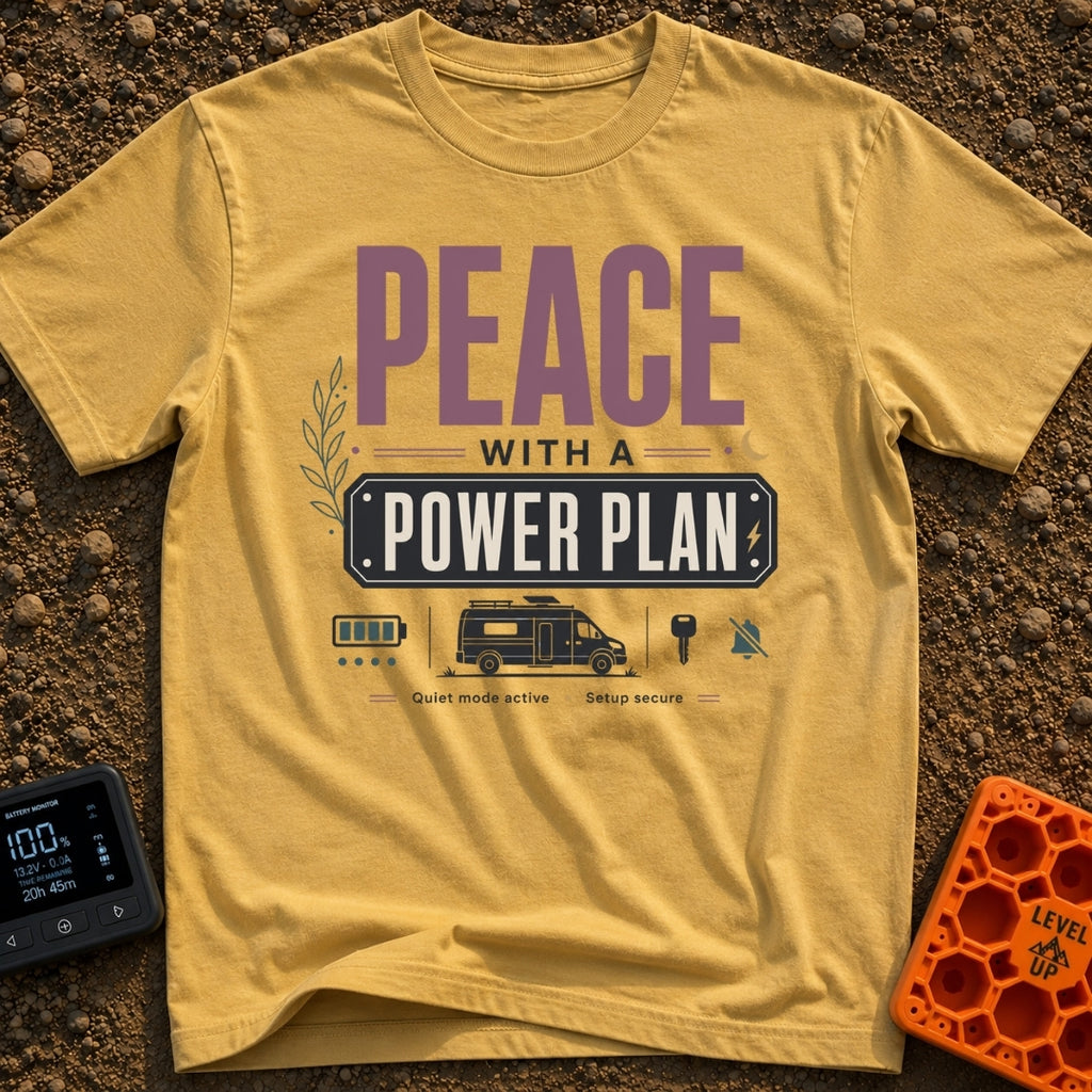 Peace With Power - T-Shirt in Mustard - A typographic design featuring the text "PEACE WITH A POWER PLAN" and "Quiet mode...