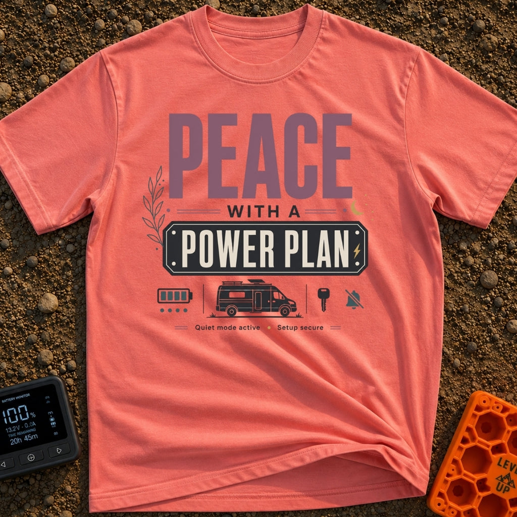 Peace With Power - T-Shirt in Watermelon - A typographic design featuring the text "PEACE WITH A POWER PLAN" and "Quiet...