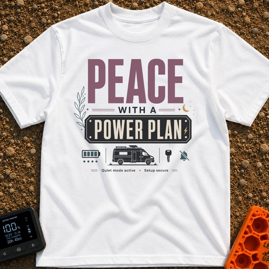 Peace With Power - T-Shirt in White - A typographic design featuring the text "PEACE WITH A POWER PLAN" and "Quiet mode...