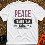 Peace With Power - T-Shirt in White - A typographic design featuring the text "PEACE WITH A POWER PLAN" and "Quiet mode...