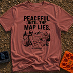 Peaceful Until Maps Lie - T-Shirt in Brick - A black and white illustration of a bearded hiker wearing a backpack and...
