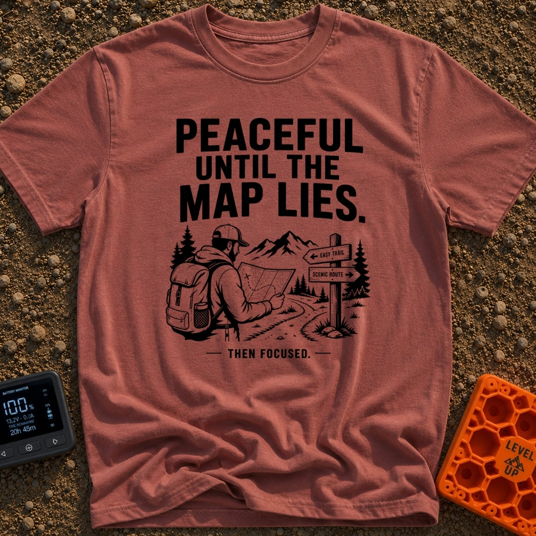 Peaceful Until Maps Lie - T-Shirt in Brick - A black and white illustration of a bearded hiker wearing a backpack and...