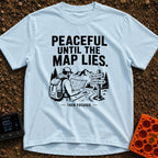 Peaceful Until Maps Lie - T-Shirt in Chambray - A black and white illustration of a bearded hiker wearing a backpack and...