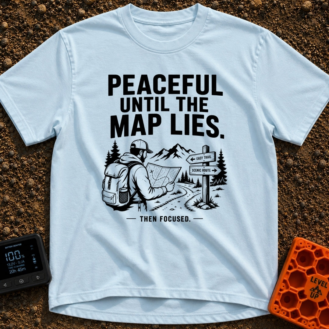 Peaceful Until Maps Lie - T-Shirt in Chambray - A black and white illustration of a bearded hiker wearing a backpack and...