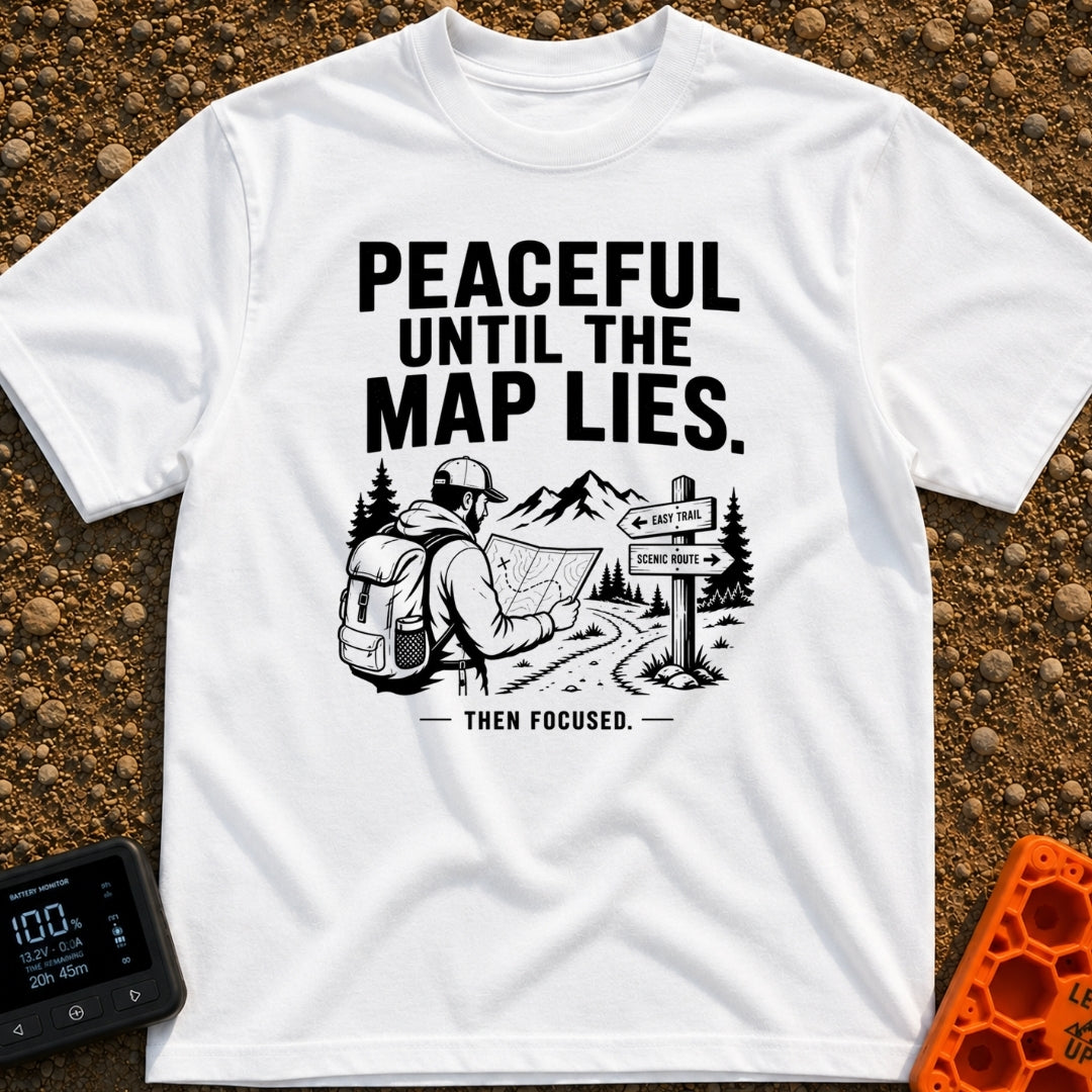 Peaceful Until Maps Lie - T-Shirt in White - A black and white illustration of a bearded hiker wearing a backpack and...