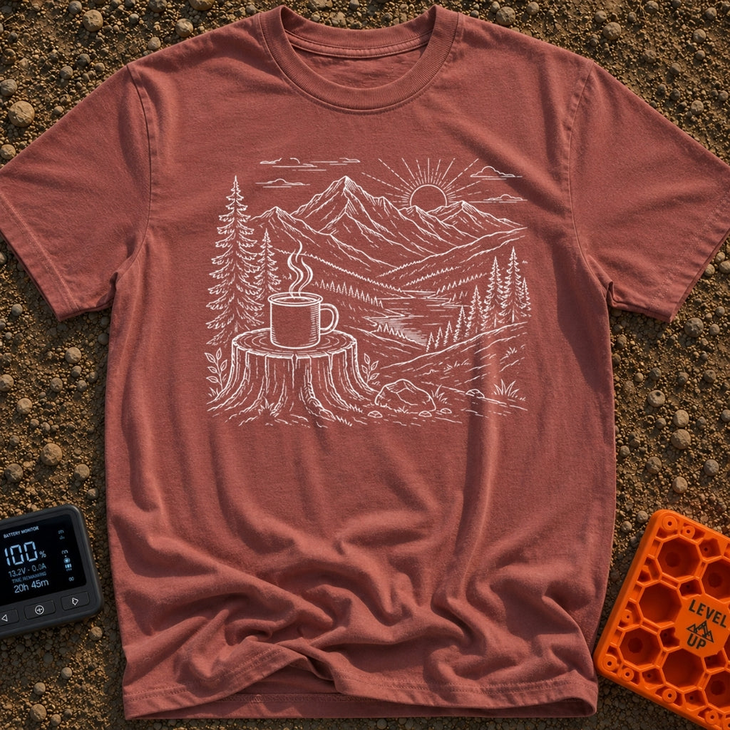 Peak Charge Brew - T-Shirt in Brick - A white line sketch of a steaming camp mug resting on a tree stump in the...