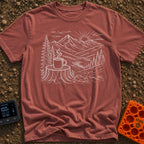 Peak Charge Brew - T-Shirt in Brick - A white line sketch of a steaming camp mug resting on a tree stump in the...
