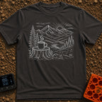 Peak Charge Brew - T-Shirt in Graphite - A white line sketch of a steaming camp mug resting on a tree stump in the...