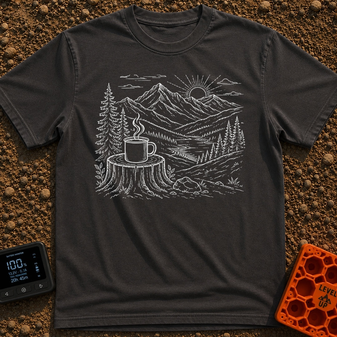 Peak Charge Brew - T-Shirt in Graphite - A white line sketch of a steaming camp mug resting on a tree stump in the...