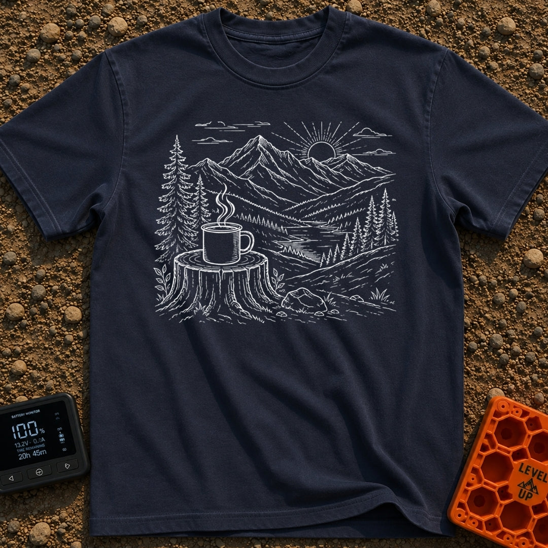 Peak Charge Brew - T-Shirt in Navy - A white line sketch of a steaming camp mug resting on a tree stump in the...