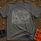Peak Charge Brew - T-Shirt in Pepper - A white line sketch of a steaming camp mug resting on a tree stump in the...