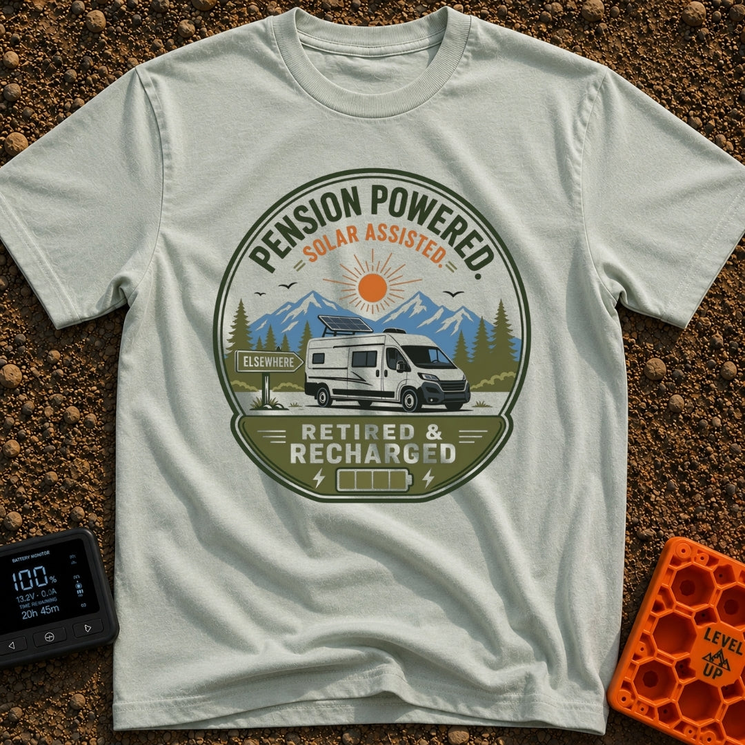 Retired and Recharged - T-Shirt in Bay - A badge-style illustration showing a white camper van with a roof-mounted solar...