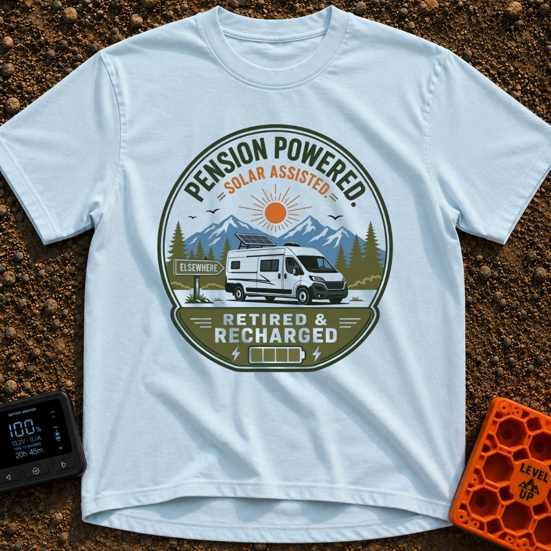 Retired and Recharged - T-Shirt in Chambray - A badge-style illustration showing a white camper van with a roof-mounted...
