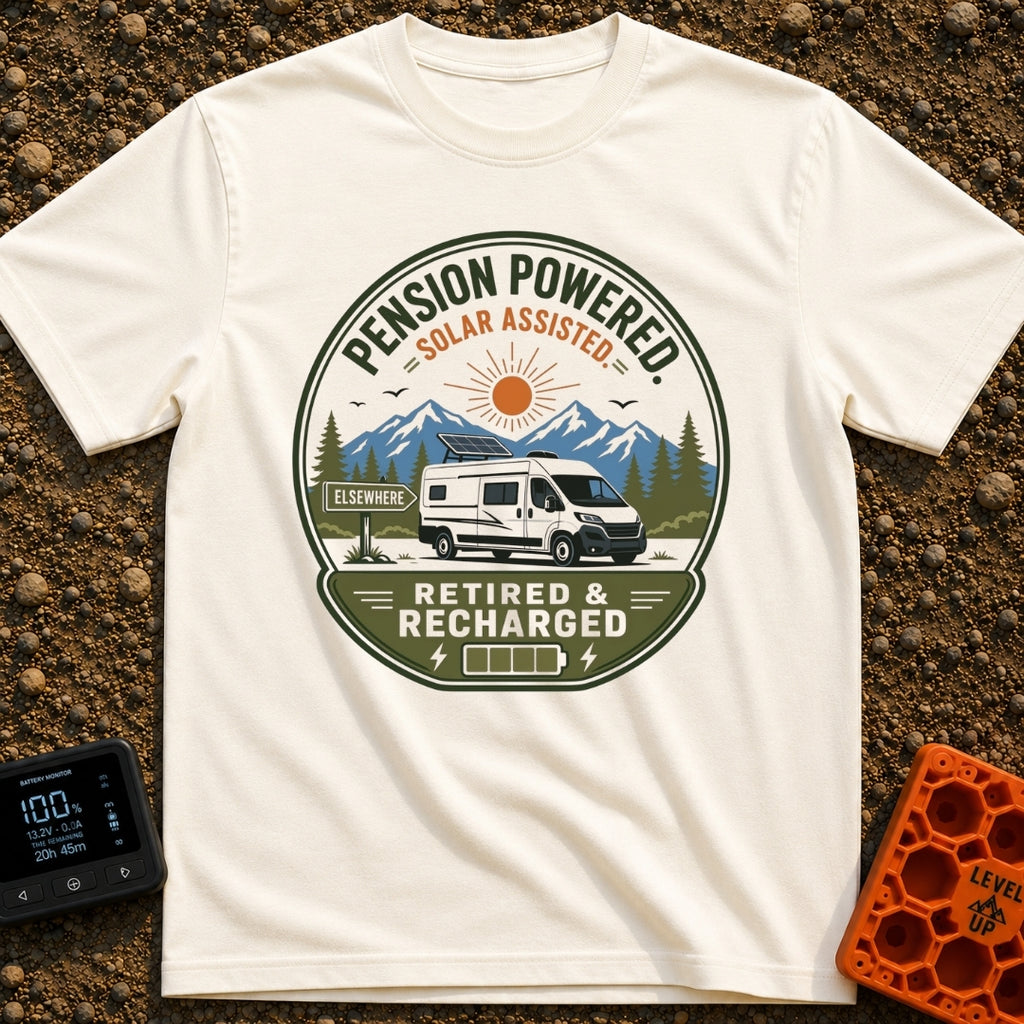 Retired and Recharged - T-Shirt in Ivory - A badge-style illustration showing a white camper van with a roof-mounted...