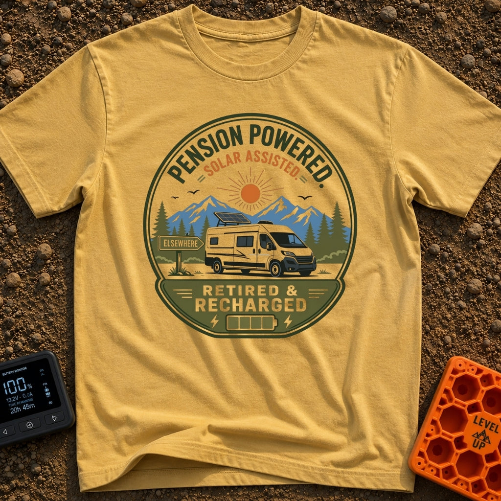 Retired and Recharged - T-Shirt in Mustard - A badge-style illustration showing a white camper van with a roof-mounted...