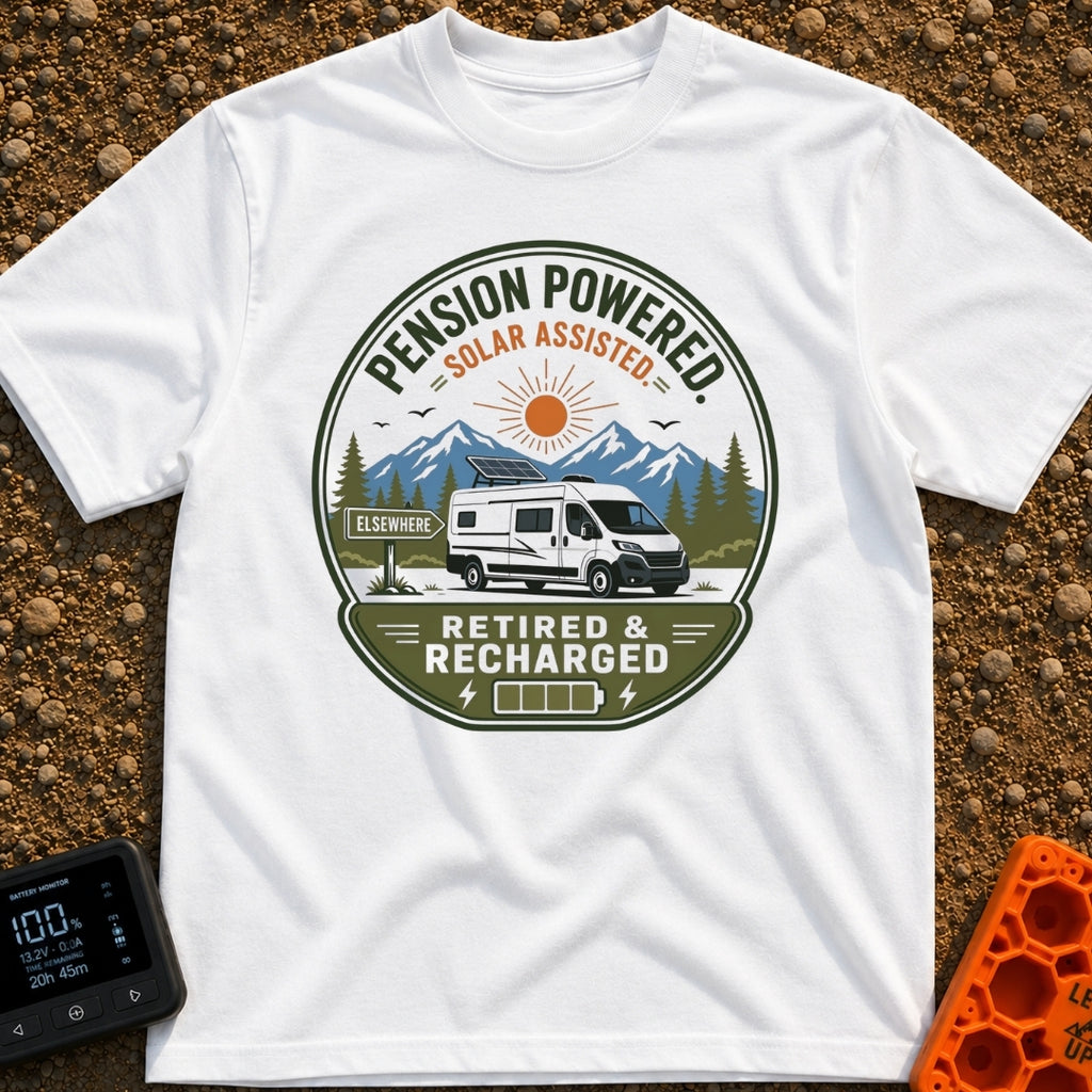 Retired and Recharged - T-Shirt in White - A badge-style illustration showing a white camper van with a roof-mounted...