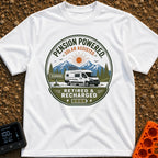 Retired and Recharged - T-Shirt in White - A badge-style illustration showing a white camper van with a roof-mounted...