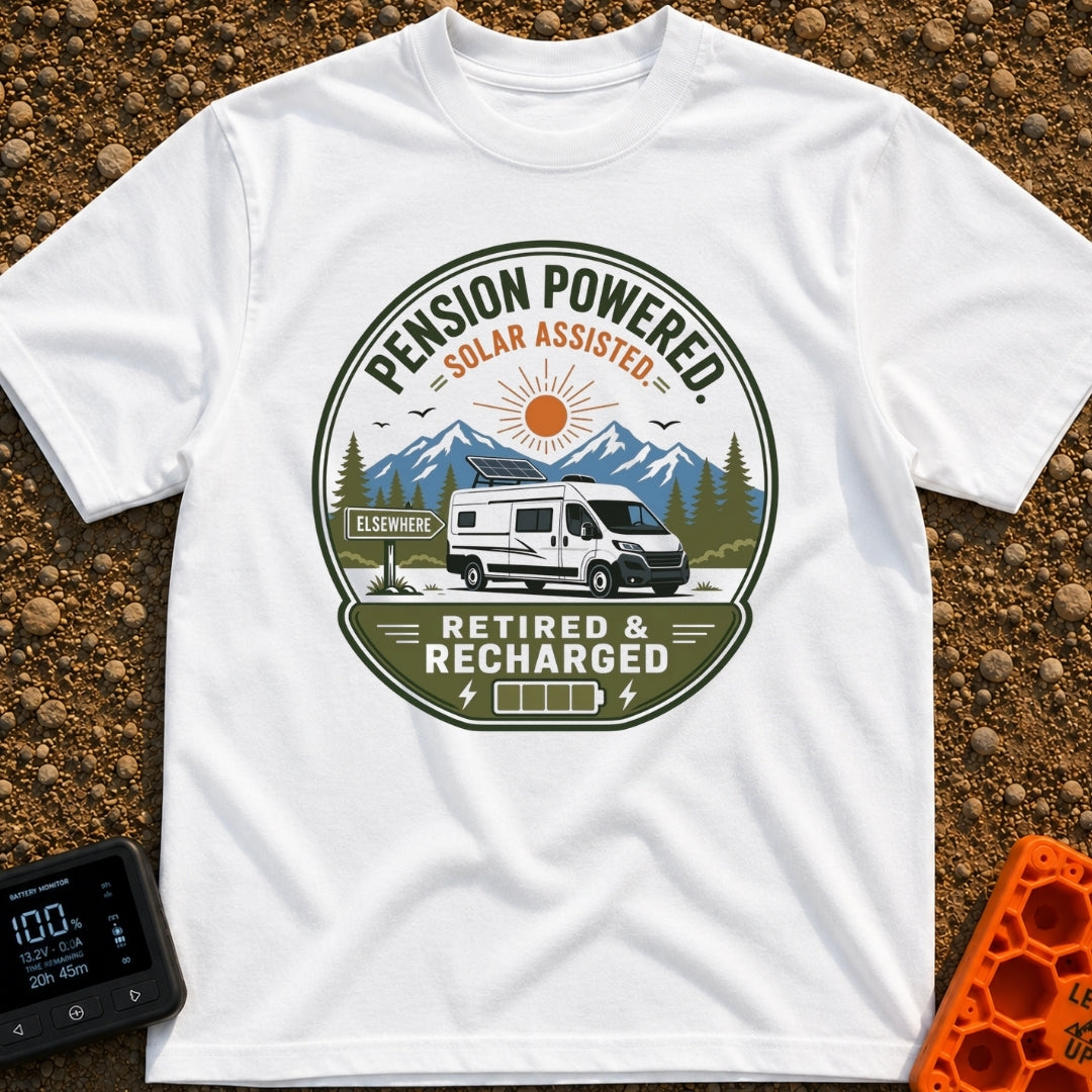 Retired and Recharged - T-Shirt in White - A badge-style illustration showing a white camper van with a roof-mounted...