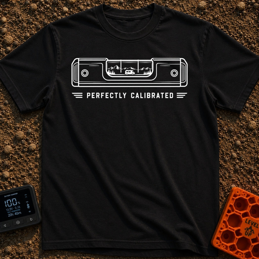 Living On The Level - T-Shirt in Black - A white line drawing of a spirit level on a black background. Inside the center...