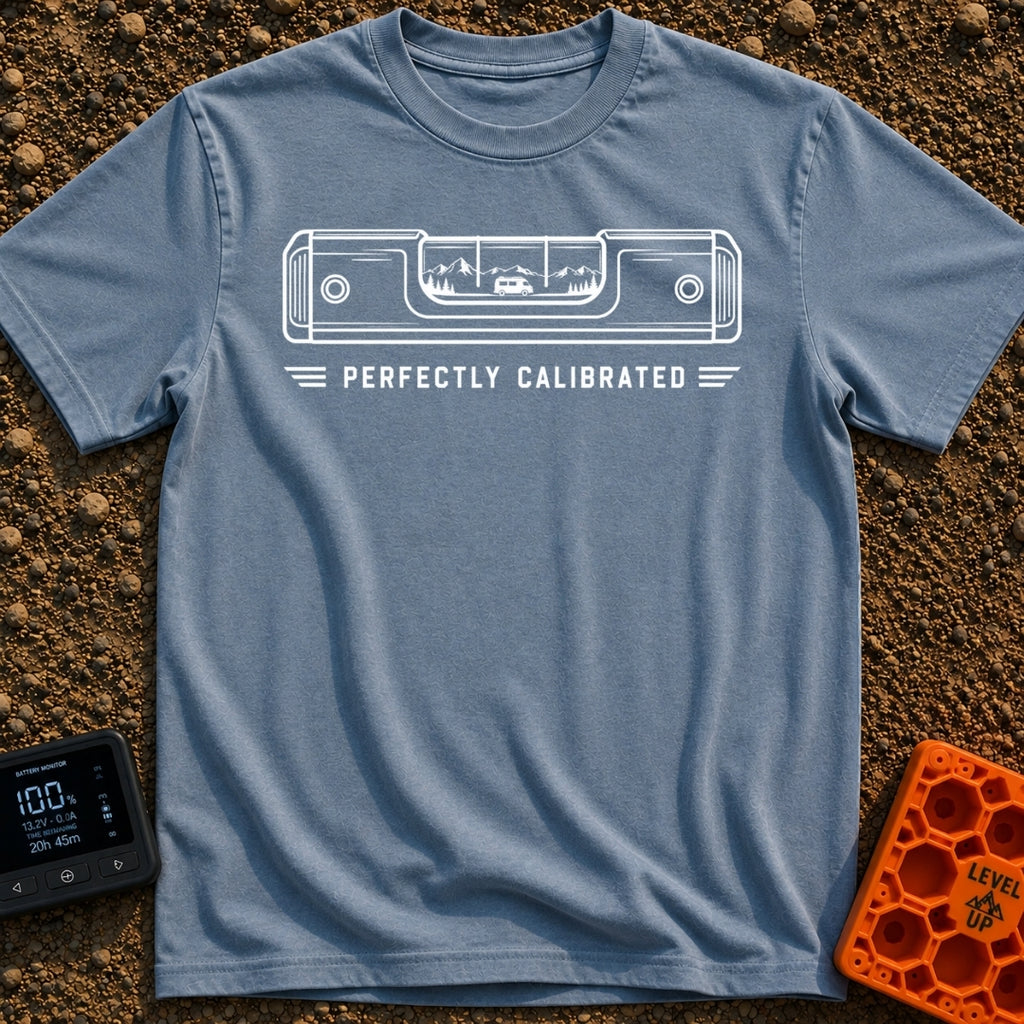 Living On The Level - T-Shirt in Blue Jean - A white line drawing of a spirit level on a black background. Inside the...