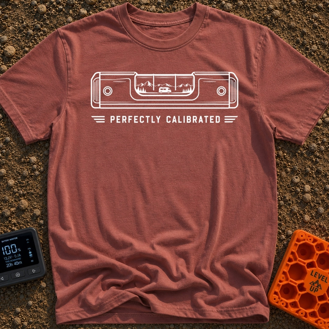 Living On The Level - T-Shirt in Brick - A white line drawing of a spirit level on a black background. Inside the center...