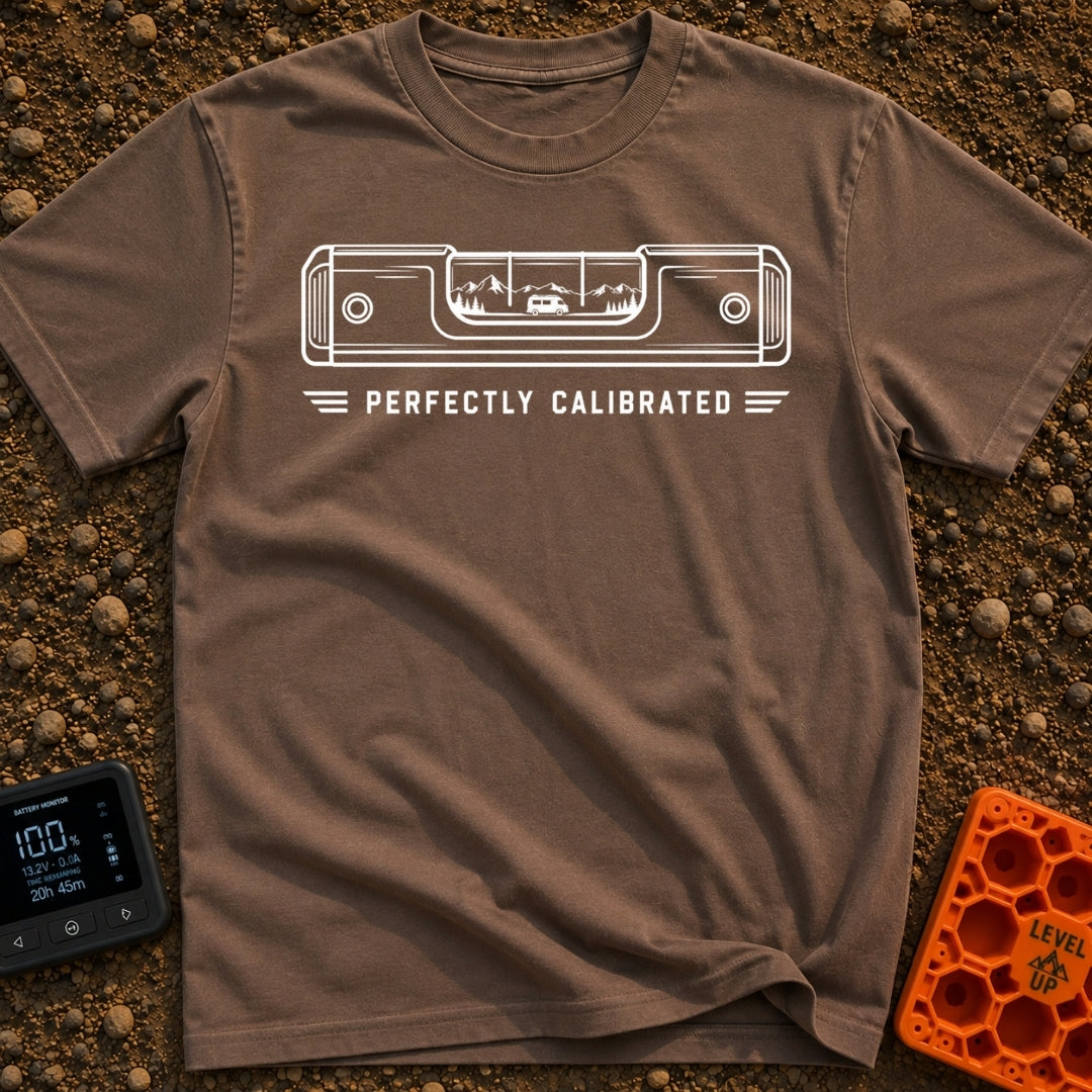 Living On The Level - T-Shirt in Espresso - A white line drawing of a spirit level on a black background. Inside the...