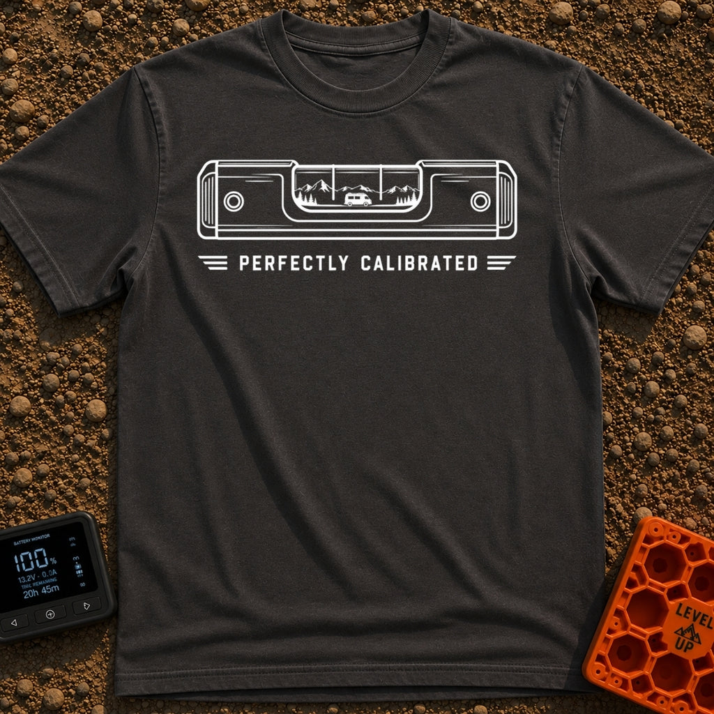 Living On The Level - T-Shirt in Graphite - A white line drawing of a spirit level on a black background. Inside the...