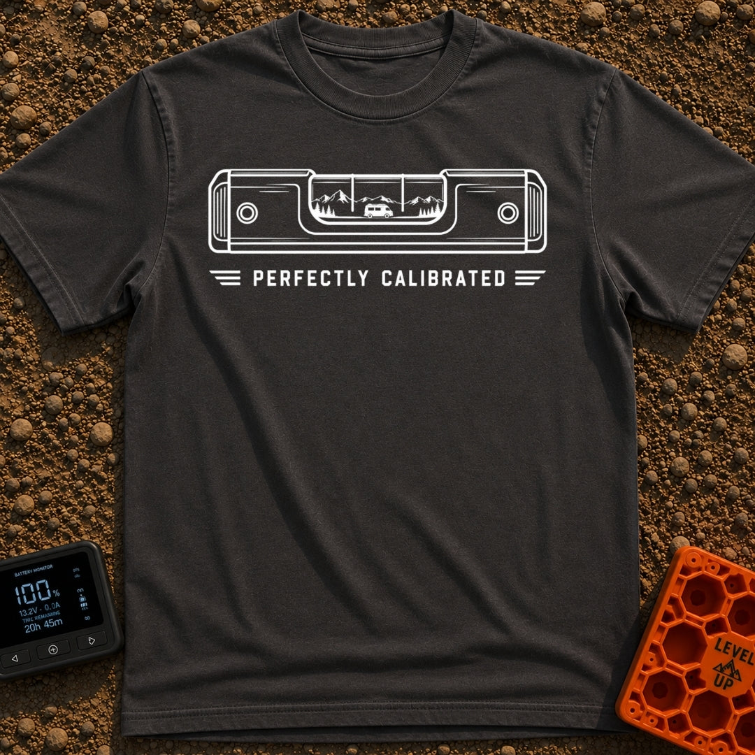 Living On The Level - T-Shirt in Graphite - A white line drawing of a spirit level on a black background. Inside the...