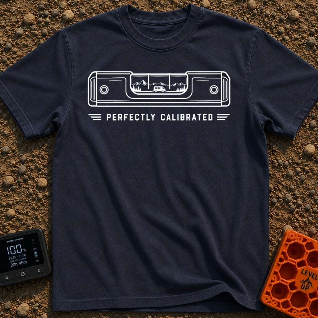 Living On The Level - T-Shirt in Navy - A white line drawing of a spirit level on a black background. Inside the center...